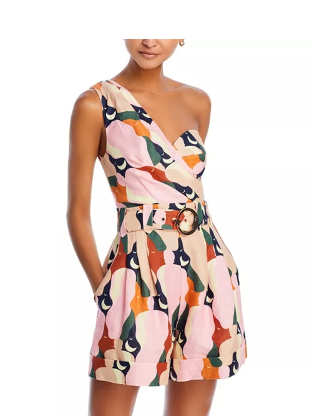 FARM Rio One-Shoulder Pink Multi-Color Belted Romper - Picture 6 of 8